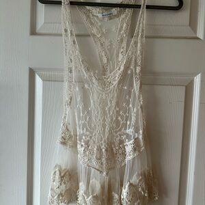 Dizzy Lizzy Ivory Lace Racerback Tank Top - Boho Coachella Looks - Size L